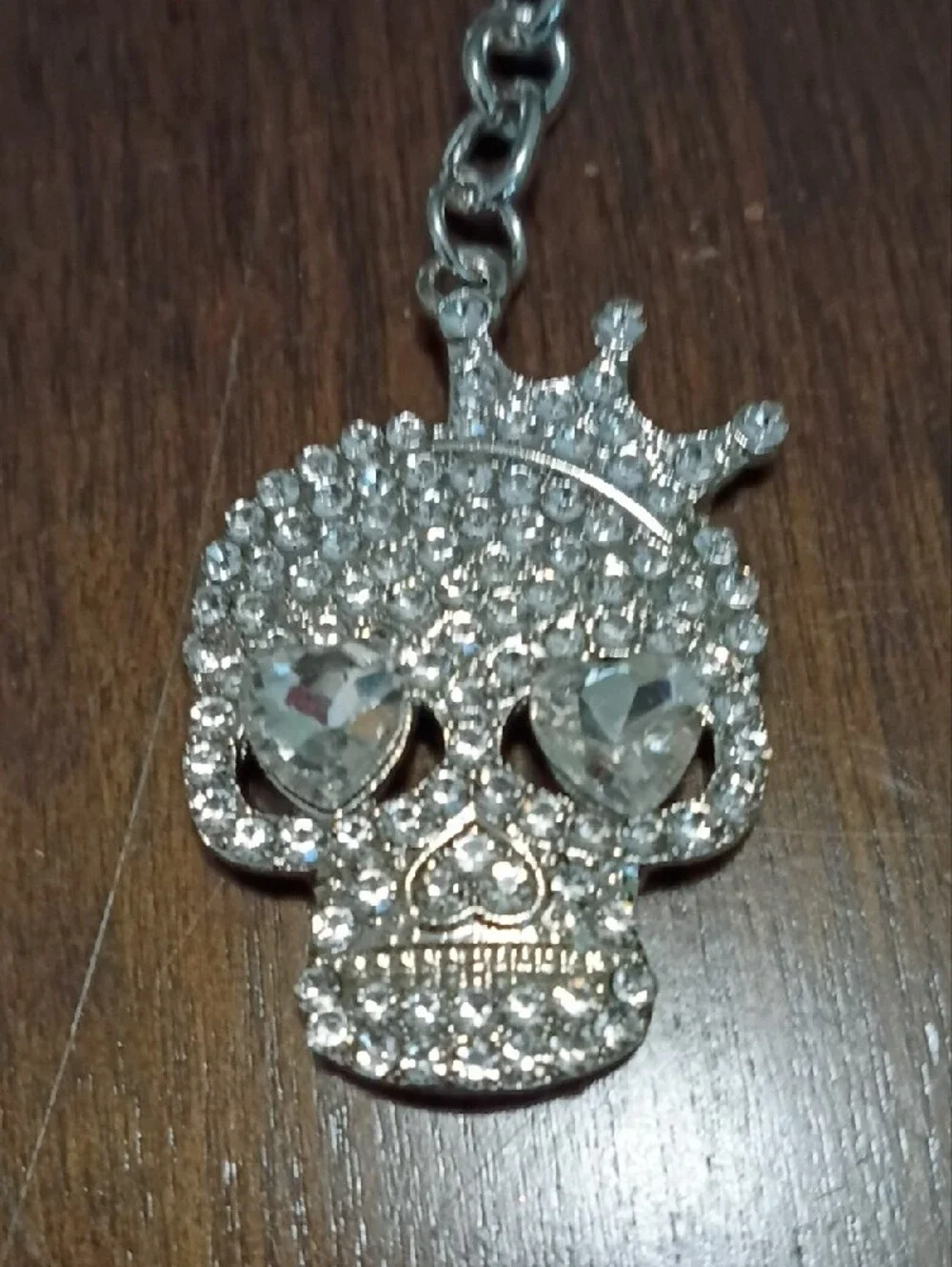 Crystal Skull Keychain with Crown - Silver Rhinestones Heart Eyes